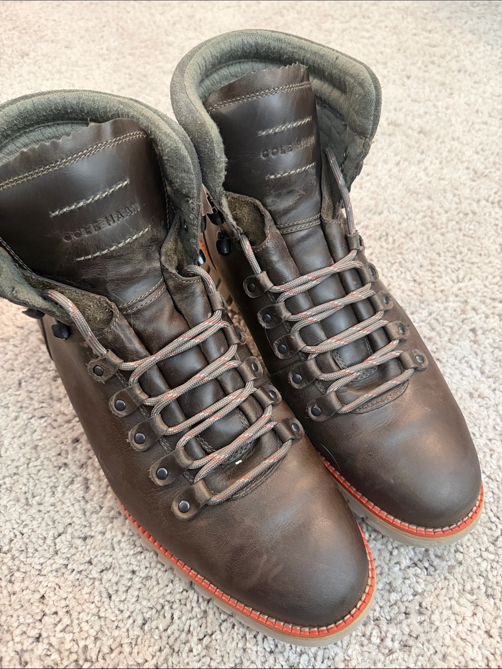 Cole Haan Brown Leather Lace-Up Hiking Boots with Red Trim